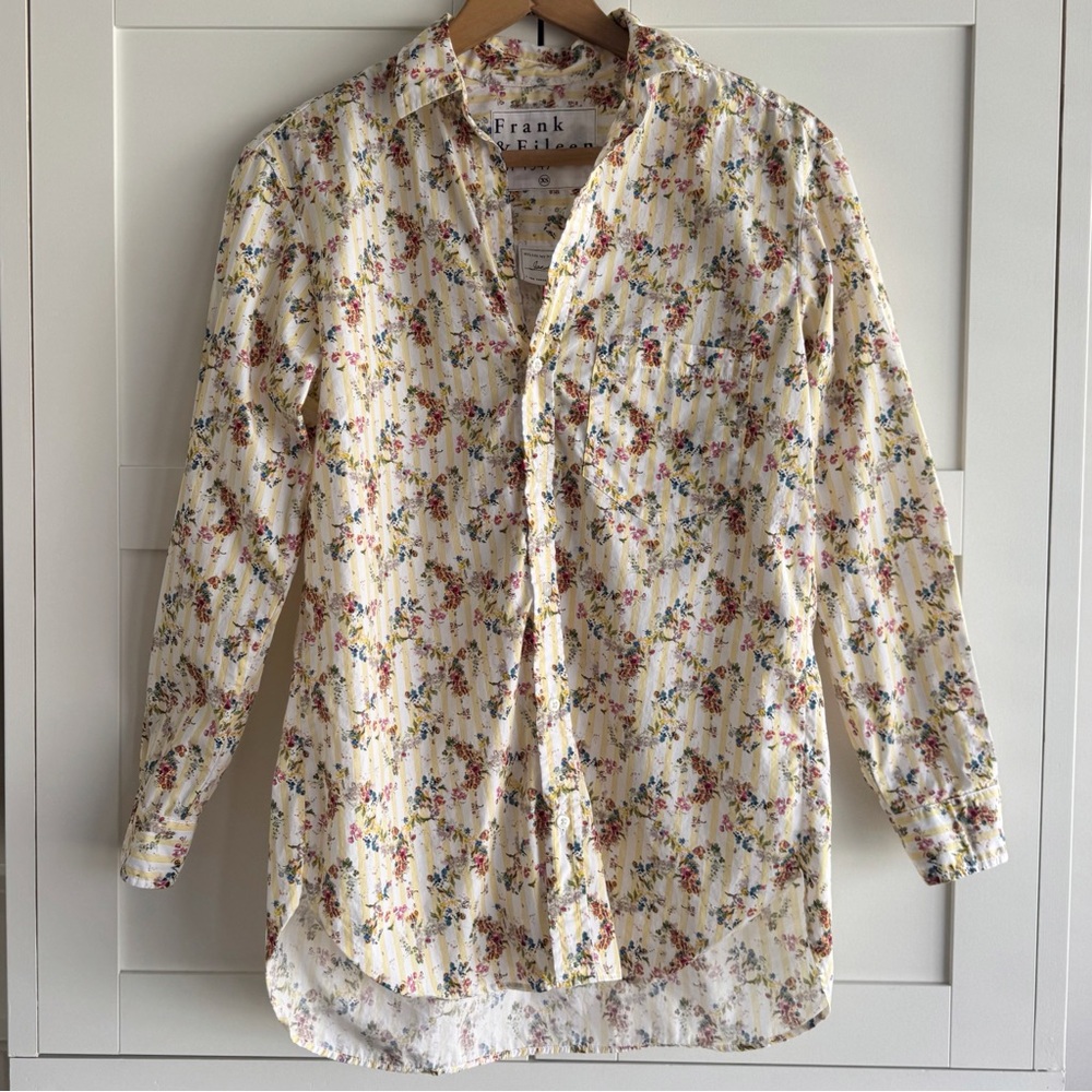 Frank & Eileen Joedy Boyfriend Button Up Shirt Yellow Stripe Floral Size XS